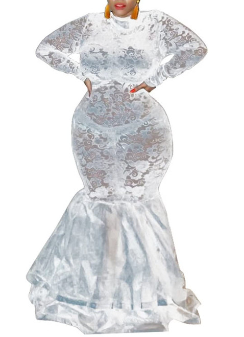 Aro Lora Womens Sexy Lace Long Sleeve See Through Sheer Mesh Ruffle Plus Size Party Bodycon Mermaid Maxi Dress X-Large White Aro Lora Womens Sexy Lace Long Sleeve See Through Sheer Mesh Ruffle Plus Size Party Bodycon Mermaid Maxi Dress X-Large White