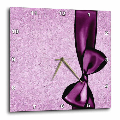 3dRose DPP_33536_1 Eggplant Purple Faux Satin Bow on Lilac Purple Grunge Damask Background Wall Clock, 10 by 10-Inch