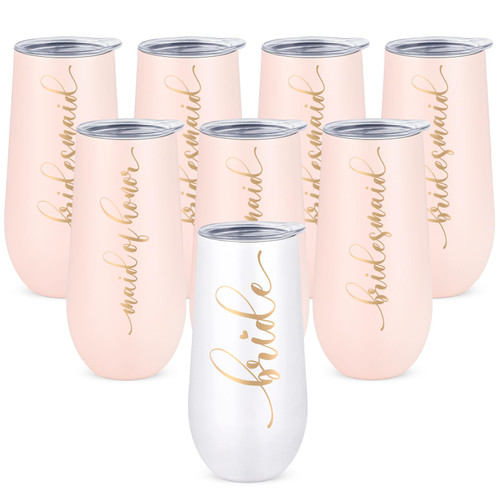 Lifecapido Wedding Gifts - 8 Pack Bride and Bridesmaid Champagne Flutes 12oz, Bridesmaid Proposal Gift Wedding Gift Engagement Gift Bridal Shower Gift Bachelorette Gift for Bridesmaid (White and Pink)