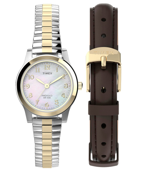 Timex Women's Essex Ave 25mm Watch - Two-Tone Expansion Band Mother of Pearl Dial Two-Tone Case
