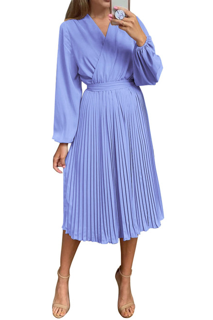 PRETTYGARDEN Women's Spring Midi Dress Long Puff Sleeve Wrap V Neck Flowy Ruffle Pleated Casual Fall Dresses (Blue,Small)