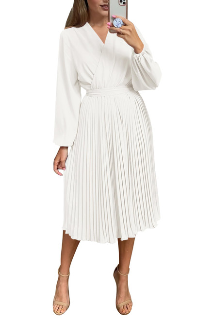 PRETTYGARDEN Women's Spring Midi Dress Long Puff Sleeve Wrap V Neck Flowy Ruffle Pleated Casual Fall Dresses (White,X-Large) PRETTYGARDEN Women's Spring Midi Dress Long Puff Sleeve Wrap V Neck Flowy Ruffle Pleated Casual Fall Dresses (White,X-Large)