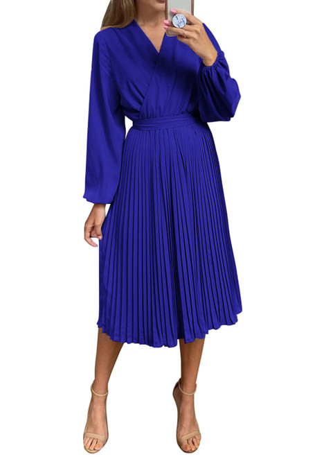 PRETTYGARDEN Women's Spring Midi Dress Long Puff Sleeve Wrap V Neck Flowy Ruffle Pleated Casual Fall Dresses (Bright Blue,Large)