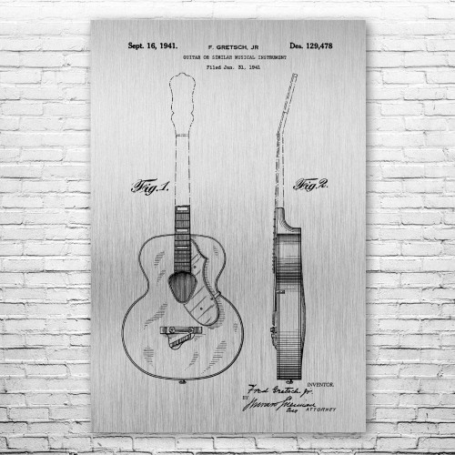 Acoustic Guitar Poster Print, Guitarist Gift, Guitar Wall Art, Musician Gift, Guitar Decor, Guitar Art Print Brushed Steel (24 inch x 36 inch)