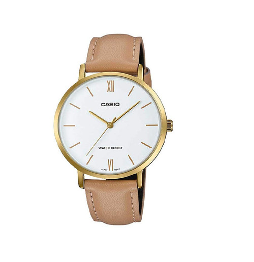 Casio LTP-VT01GL-7B Women's Minimalistic Gold Tone Brown Leather Band White Dial 3-Hand Analog Watch