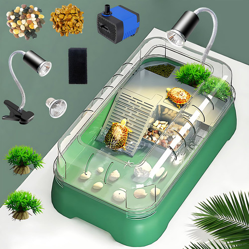 -New 2024-Turtle Aquarium Kit, Turtle Tank Starter Kit with Pump Filter Basking Platform and UV Light, Bottom Drainage, Multi-Function Areas for Turtles, Crabs, Crayfish, Small Reptiles.