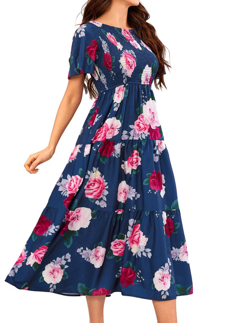 VIDUSSA Summer Midi Dresses for Women - Boho Floral Flutter Short Sleeve Crew Neck Smocked Tiered Flowy Long Sun Dresses Navy Blue M