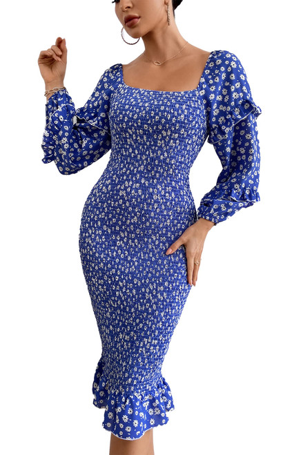 PRETTYGARDEN Women's Long Puff Sleeve Floral Midi Bodycon Dresses Square Neck Ruffle Mermaid Smocked Dress (Blue White,Small)