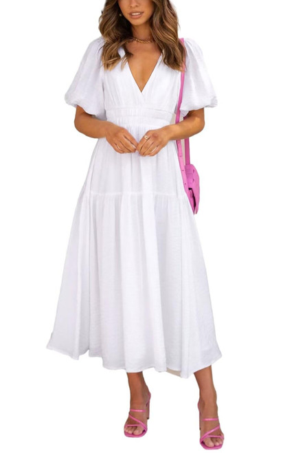 Women Summer Swing Dress Short Sleeve V Neck Casual Flowy Tiered Maxi Beach Dress White XL