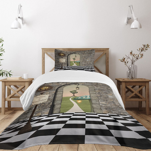 Ambesonne Alice in Wonderland Bedspread, Welcome Wonderland Black and White Floor Landscape Mushroom Lantern, Decorative Quilted 2 Piece Coverlet Set with Pillow Sham, Twin Size, Black Green