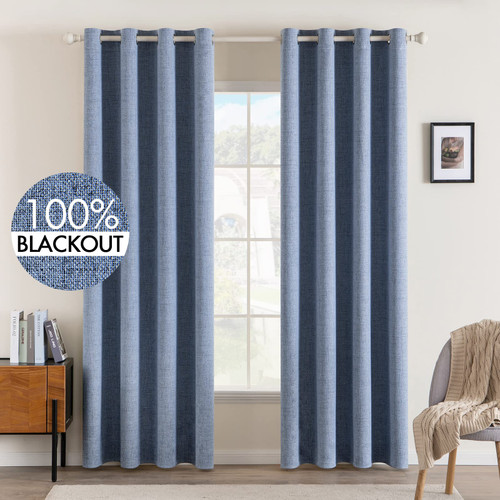 MIULEE Linen Texture Curtains for Bedroom Solid 100% Blackout Thermal Insulated Stone Blue Curtains Grommet Room Darkening Curtains/Draperies Luxury Decor for Living Room Nursery 52x96 Inch (2 Panels)