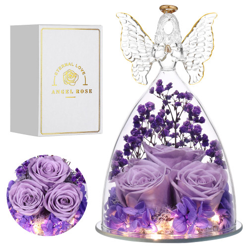 Tiaronics Gifts for Her, Glass Angel Figurine with Three Roses Gifts,Preserved Forever Real Rose Gifts for Women, Angel Guardian with Rose Flower Gift, Light Purple Tiaronics Gifts for Her, Glass Angel Figurine with Three Roses Gifts,Preserved Forever Real Rose Gifts for Women, Angel Guardian with Rose Flower Gift, Light Purple