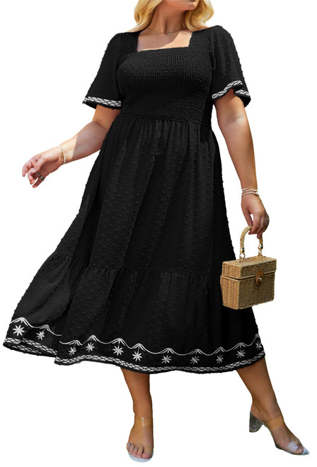 Glamaker Women's Plus Size Summer Casual Short Sleeve Smocked Square Neck A Line Flowy Midi Dress Long Dress Black 4XL