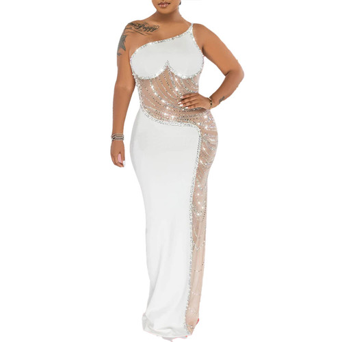 Women's Sexy One Shoulder Dress Long Bodycon Split Slit Party Cocktail Dress?9066 White-L Women's Sexy One Shoulder Dress Long Bodycon Split Slit Party Cocktail Dress?9066 White-L