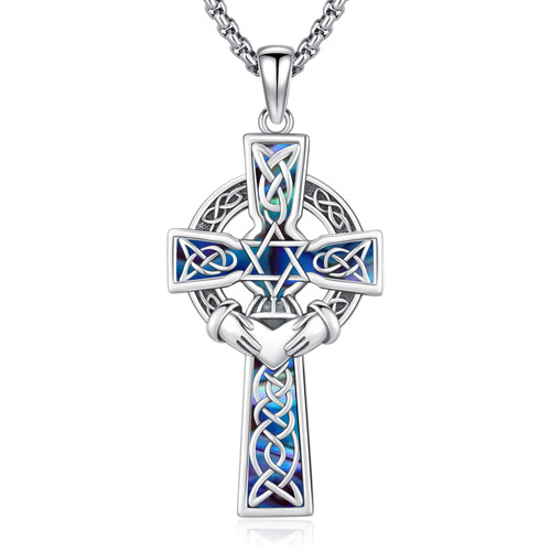 LOOVE Star of David Necklace for Women Claddagh Cross Necklace for Women Sterling Silver Celtic Knot Cross Necklace Abalone Shell Irish Cross Pendant