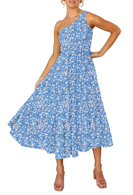 ZESICA Women's 2024 Bohemian Summer Floral Print One Shoulder Sleeveless Smocked Ruffle Tiered Beach Long Midi Dress,Blue,Medium