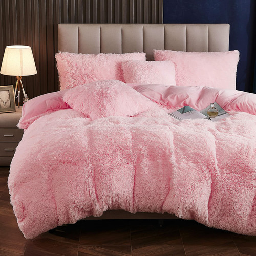 Yaoshuho Plush Fluffy Duvet Cover Twin Size Luxury Ultra Soft Shaggy Duvet Cover Set Faux Fur Comforter Bedding Set(1 Duvet Cover + 1 Pillow Shams), Pink
