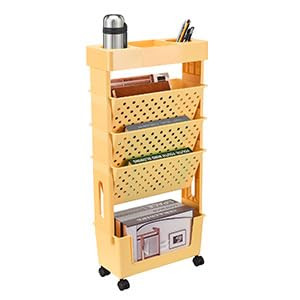 5 Tier Book Rack Storage Bookshelf, Movable Bookshelf Multilayer Capacity Rotatable Removable Plastic Practical Rolling Organization Shelf with Wheel, Bookshelves for Kids Students Study (Orange)