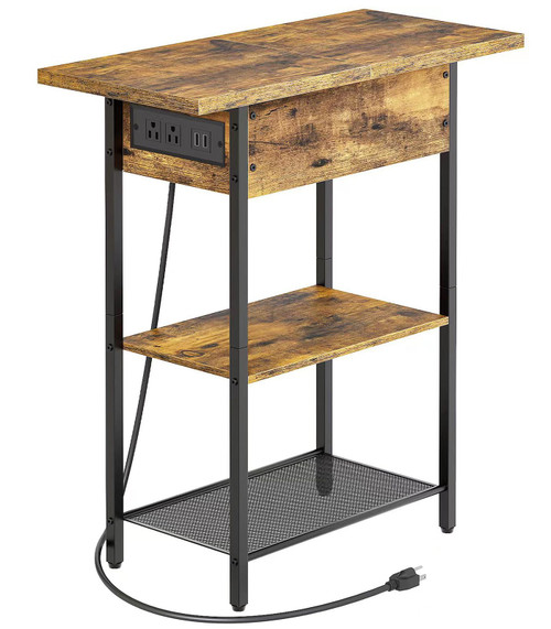 YSVCO Side Table with Charging Station, Flip Top End Table with USB Port and Outlet, Living Room Bedroom Nightstand, Narrow Side Table with Storage Shelves for Small Spaces EB63MFB