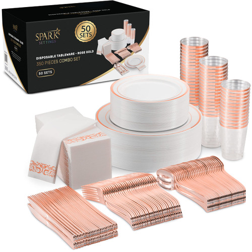 Rose Gold Plastic Plates For Party - Rose Gold Plastic Silverware - 350 PC Wedding Dinnerware Set 50 Guests, 100 Plastic Party Plates, 50 Cups, 50 Rose Gold Cutlery Sets & 50 Napkins-By SparkSettings Rose Gold Plastic Plates For Party - Rose Gold Plastic Silverware - 350 PC Wedding Dinnerware Set 50 Guests, 100 Plastic Party Plates, 50 Cups, 50 Rose Gold Cutlery Sets & 50 Napkins-By SparkSettings