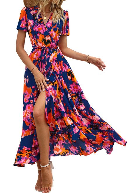 PRETTYGARDEN Women's Summer Wrap Maxi Dress Casual Boho Floral V Neck Short Sleeve Ruffle Hem Split Beach Long Dresses (Blue Orange Floral,Small)