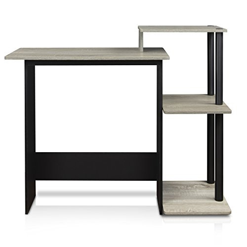 FURINNO 11192GYW/BK Laptop Notebook Computer Desk, Square Side Shelves, French Oak Grey/Black