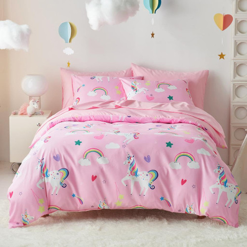 Wake In Cloud - Kids Twin Comforter Set with Sheets, 5 Piece Bed in a Bag, Unicorn Bedding for Girls, Rainbow Unicorns on Pink
