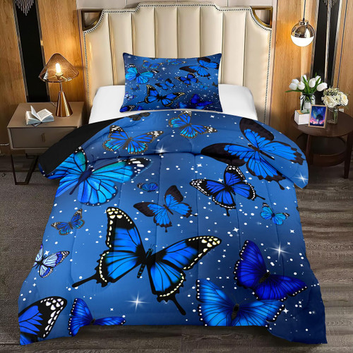Blue Butterfly Comforter, Butterfly Bedding Set for Girls, Blue Butterflies with Sky Stars Prints Comforter Set for Women Girls Butterfly Bedding Twin Size Quilt Set, 1 Comforter + 1 Pillowcase