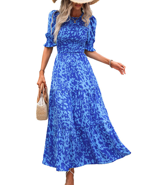 BTFBM Women Casual Summer Dresses 2024 Spring Crew Neck Ruffle Short Sleeve Floral Print Smocked Boho Flowy Maxi Dress(Print Blue, X-Large)