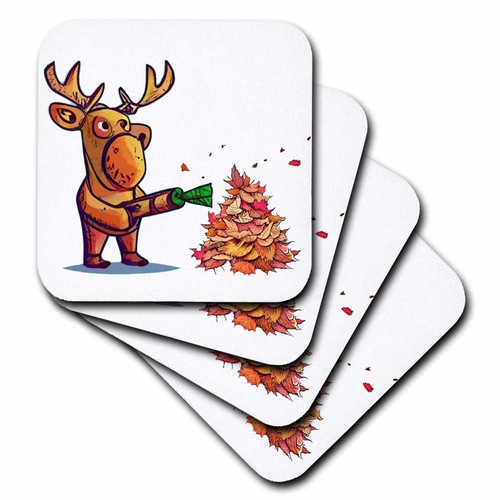 3dRose Cute Cool Colorful Moose Using Leaf Blower Blower Fall Leaves - Coasters (cst-385340-4)