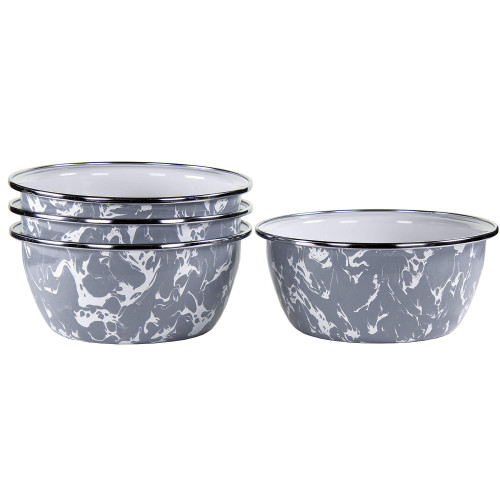 Golden Rabbit Enamelware - Grey Swirl Pattern - Set of 4-3cup Salad Bowls