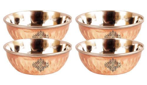 Indian Art Villa Steel Copper Small Katori Bowl with Hammered Design, perfect for serving chutneys, sauces, Serveware and Tableware, Volume- 2 Oz, Set of 4