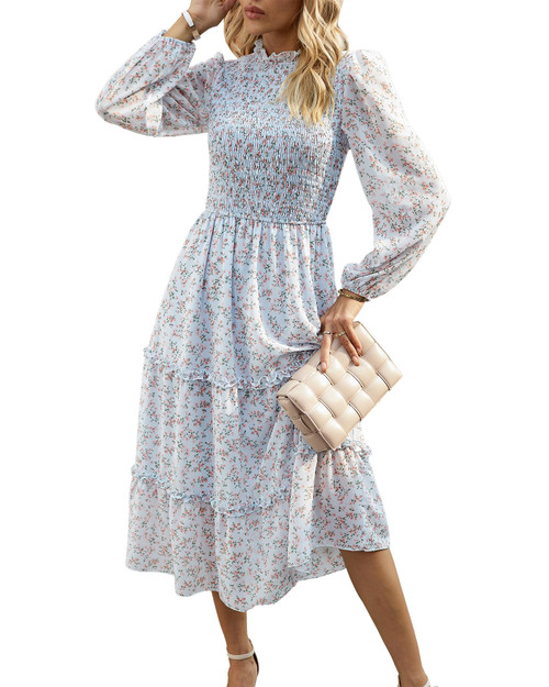 NOLLSOM Women 2023 Fall Dress Floral Boho Dress Casual Long Sleeve Crew Neck Ruffle A-Line Flowy Wedding Guest Maxi Dresses(Light Blue Pink Flower,Large)