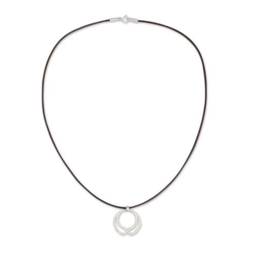 NOVICA Handmade .925 Sterling Silver Pendant Necklace Thai Artisan Crafted Brushed No Stone Brown Cord Thailand Modern 'Moon Embrace'