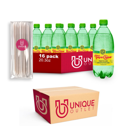 Topo Chico 16-Pack of Lime Mineral Water, Plastic Bottles 20.0 fl oz Imported from Mexico + Sugarcane Food Grade Disposable Straws by Unique Outlet Brand