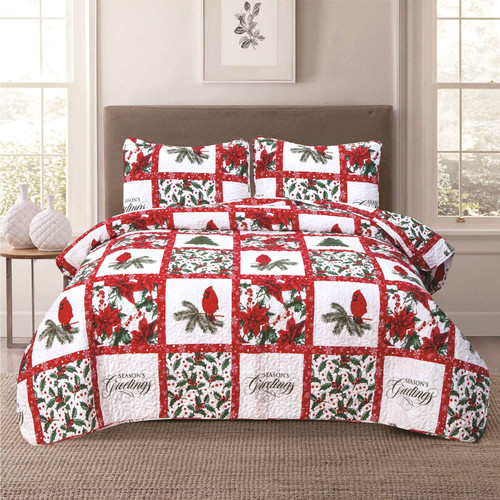 Christmas Holiday Full/Queen Lightweight Patchwork Quilt Bedding Set Mistletoe Cardinal Poinsettia Holly Red Green White