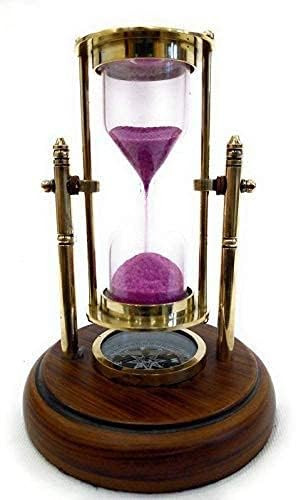 Sand Timer sandclock Antique Brass Sand Timer with Compass on Wooden Base Hourglass Clock Nautical Theme Decor