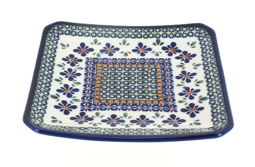 Blue Rose Polish Pottery Mosaic Flower Square Dessert Plate