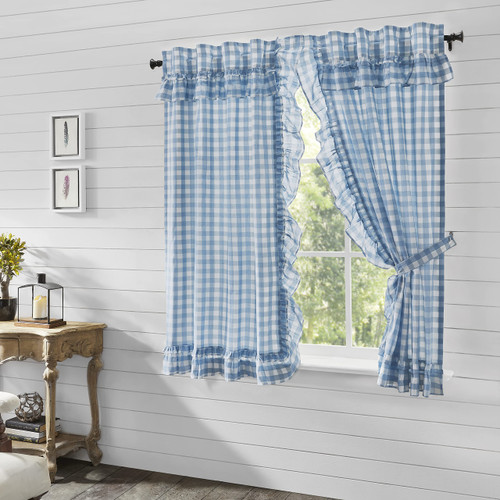 VHC Brands Annie Blue Buffalo Check Farmhouse Ruffled Short Panel Curtain Set 63x36 VHC Brands Annie Blue Buffalo Check Farmhouse Ruffled Short Panel Curtain Set 63x36