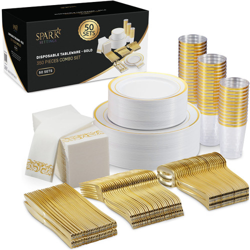 Gold Plastic Plates For Party - Gold Plastic Silverware - 350 PC Wedding Dinnerware Set For 50 Guests, 100 Gold Plastic Party Plates, 50 Cups, 50 Gold Cutlery Sets & 50 Napkins - By SparkSettings