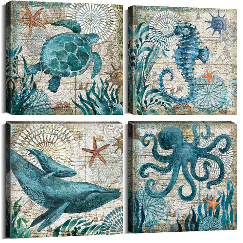 Vintage Ocean Life Wall Art Beach Coastal Bathroom Decor Teal Watercolor Octopus Sea Turtle Whale Seahorse Canvas Pictures for Living Room Kitchen Bedroom Home Decorations Large Artwork 24x24" 4 Pcs