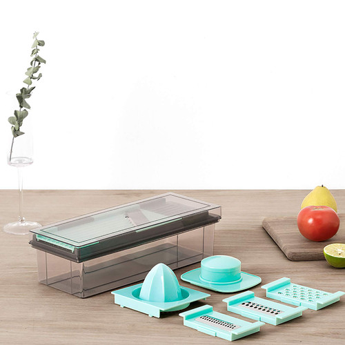 Food Chopper for Tomato Potato Fruit Carrot Garlic,Vegetable Chopper Slicer with Container,Multifunctional Mandoline Slicer Manual Onion Mincer Chopper Dicer with Hand Guard-Blue 30x11.5x8.5cm(12x5x3i