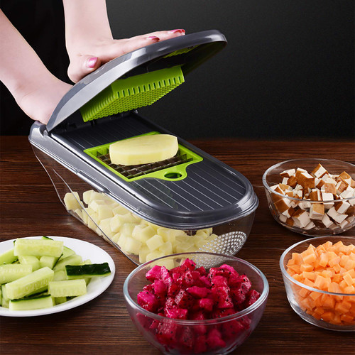 Vegetable Chopper Onion Chopper Dicer,Multifunctional Salad Food Chopper Vegetable Spiralizer with Container and Clean Brush,Mandoline Slicer Kitchen Cutter for Fruit Tomato Potato-Grey 32x12x12cm(12x