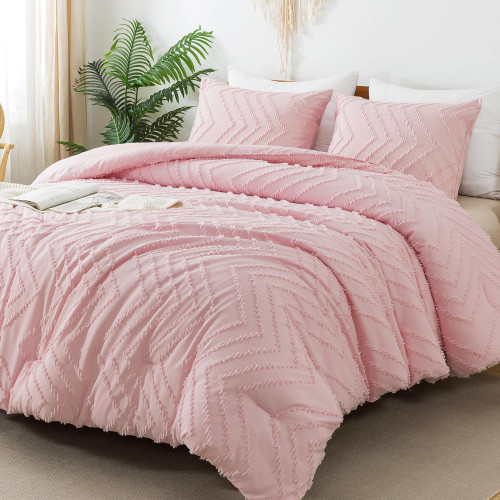 Litanika Pink Comforter Set Queen Size, 3 Pieces Boho Chevron Tufted Bedding Set & Collections, All Season Bed Set (90x90In Comforter and 2 Pillow Shams)