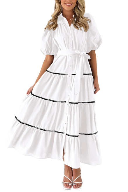 PRETTYGARDEN Women's Summer Button Down Shirt Dress Short Puffy Sleeve Tiered Ruffle Flowy Long Maxi Dresses (White,Small)