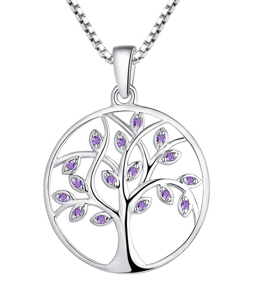YL Tree of Life Necklace Sterling Silver Created Amethyst Pendant Round Family Giving Jewelry YL Tree of Life Necklace Sterling Silver Created Amethyst Pendant Round Family Giving Jewelry