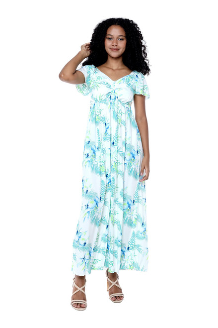 Women's Hawaiian Maxi Ruffle Sleeve Dress Orchid Breeze White