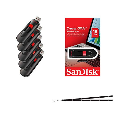 SanDisk Cruzer Glide 16GB (5 Pack) SDCZ60-016G USB 2.0 Flash Drive Jump Drive Pen Drive SDCZ60 - Five Pack in Retail Packaging! + VIPTECH Lanyard