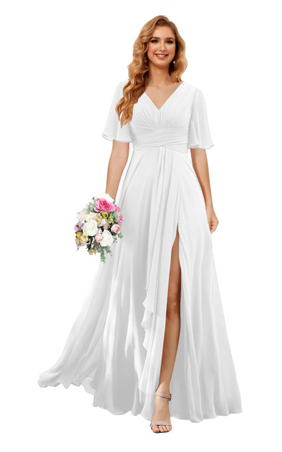 Noras dress Women's V Neck White Bridesmaid Dresses Long with Slit Simple A Line Formal Evening Maxi Dresses for Party 14 Noras dress Women's V Neck White Bridesmaid Dresses Long with Slit Simple A Line Formal Evening Maxi Dresses for Party 14