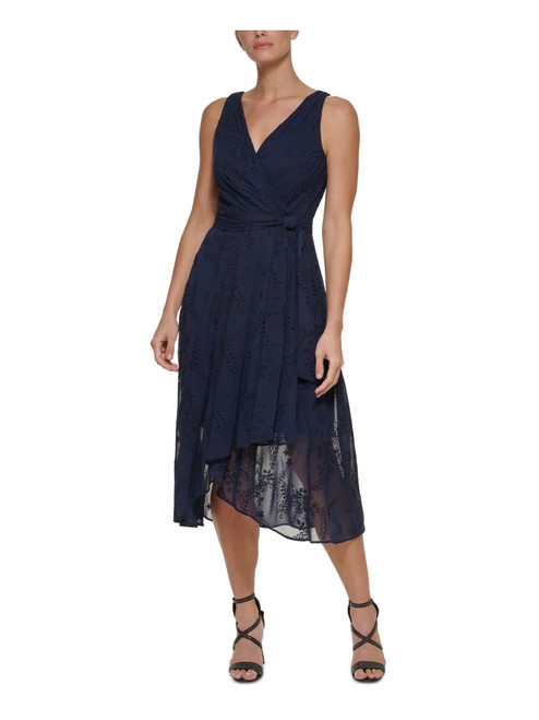 DKNY Womens Petites Eyelet Midi Wrap Dress Navy 4P